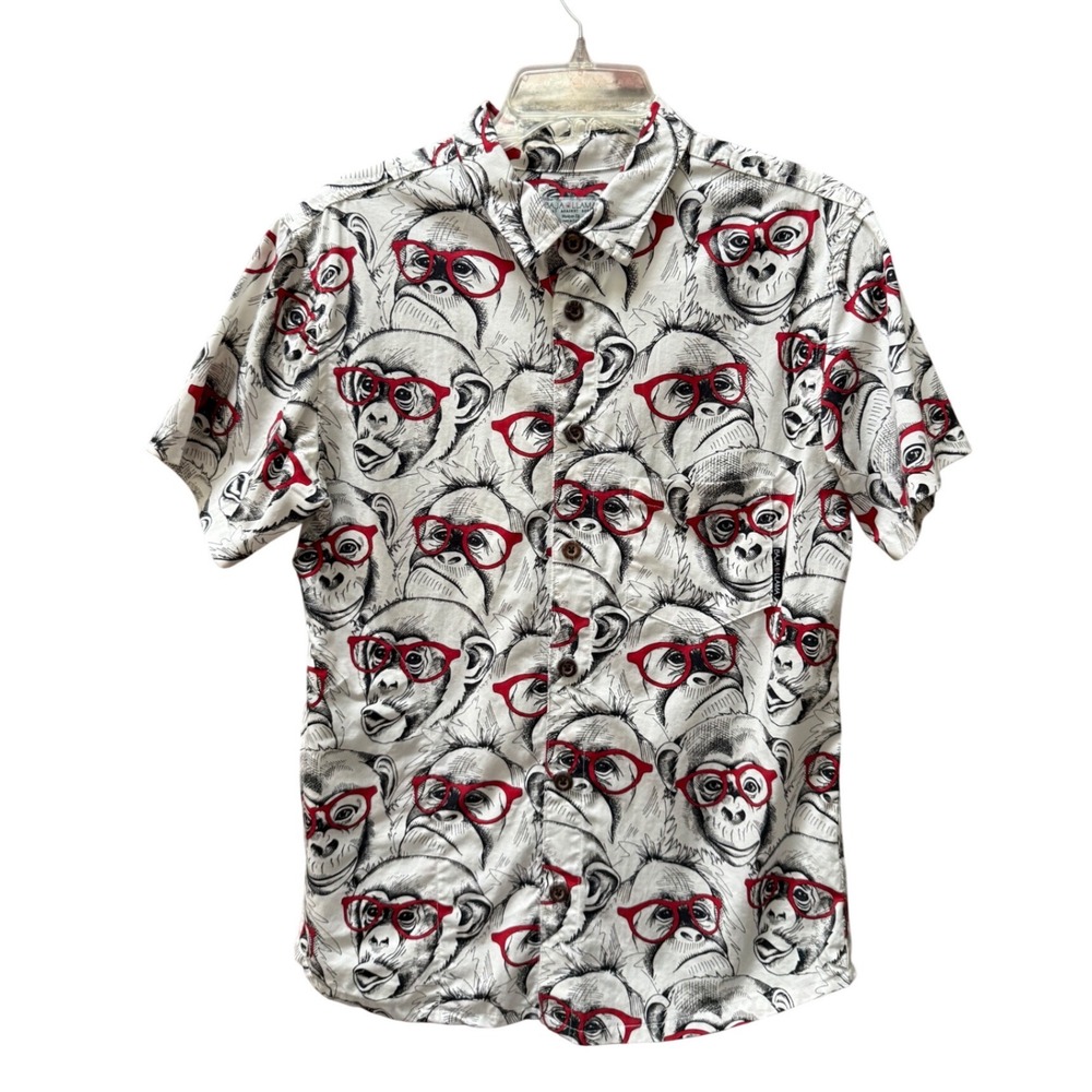 Baja Llama Mens Monkey with Red Glasses Graphic Button Down Shirt White Size M